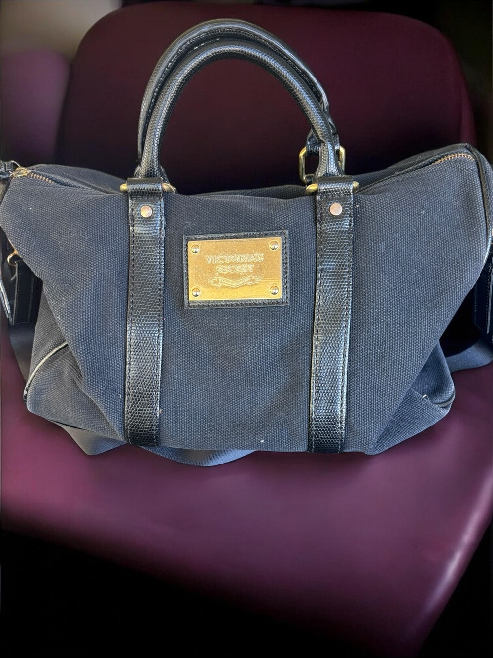 Victoria's Secret Black Canvas Weekend Travel Duffel Bag - Picture 4 of 16